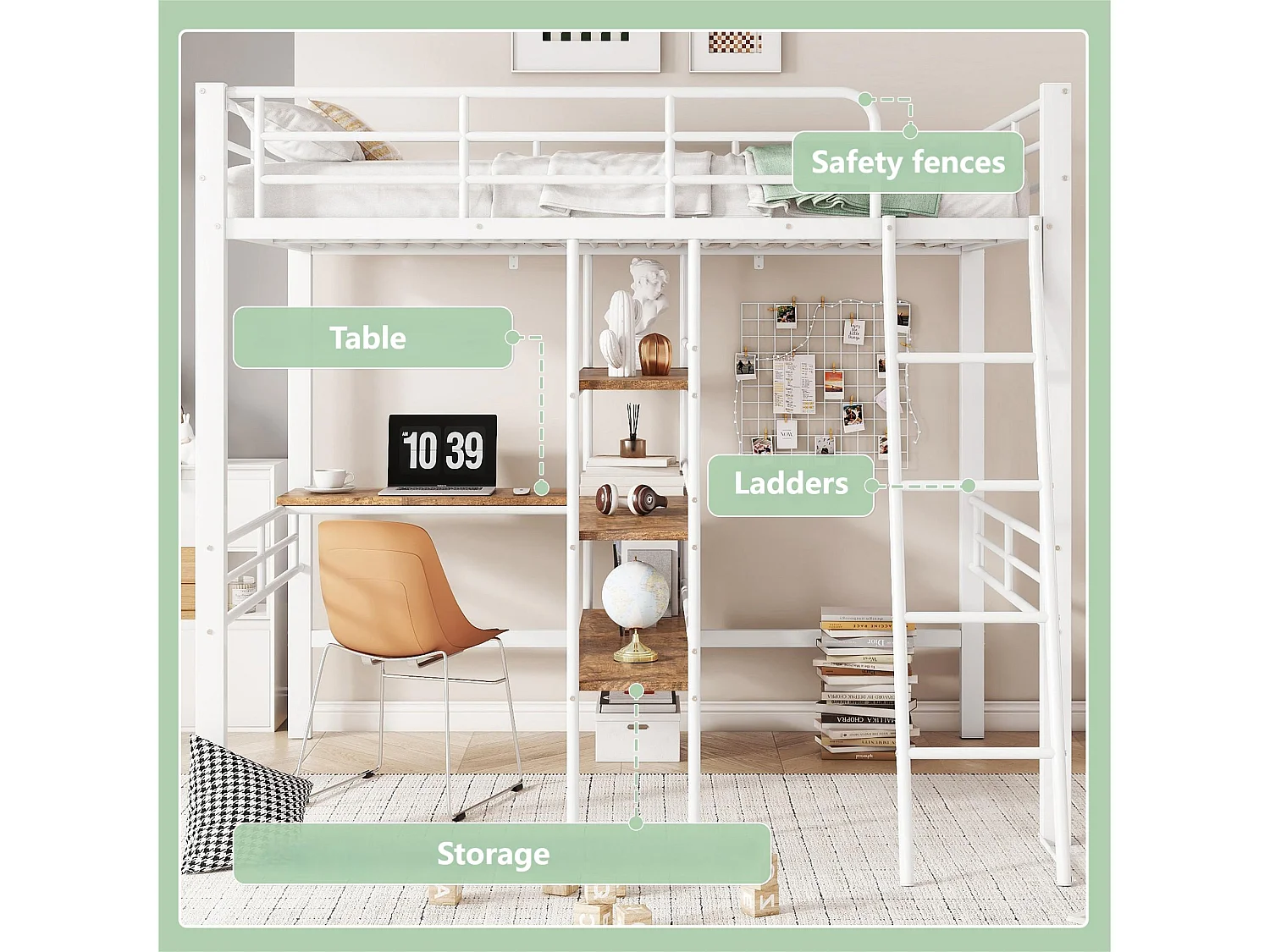 Letto a soppalco 90x200 cm - con scrivania e ripiani portaoggetti - Bianco
