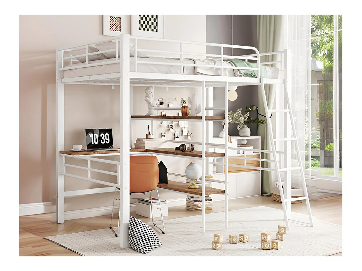 Mezzaninebed 90x200cm - met bureau en opbergplanken - Wit