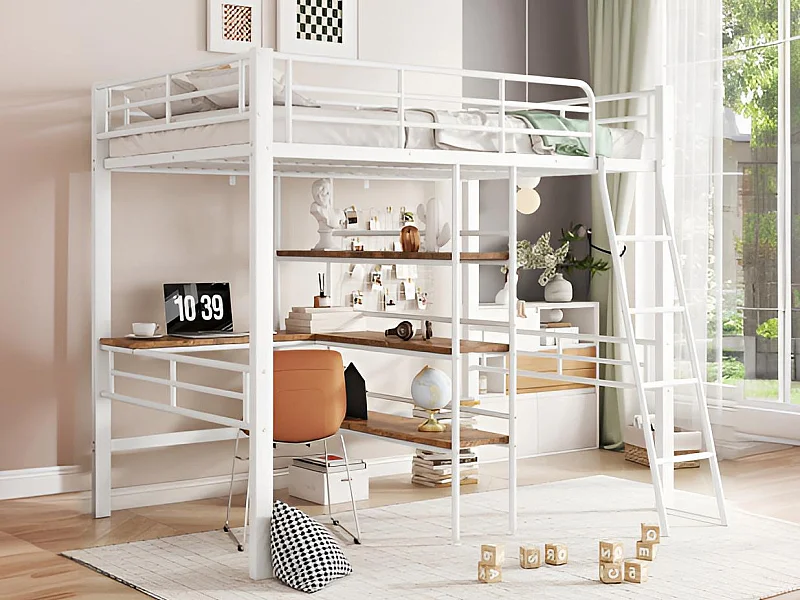 Letto a soppalco 90x200 cm - con scrivania e ripiani portaoggetti - Bianco