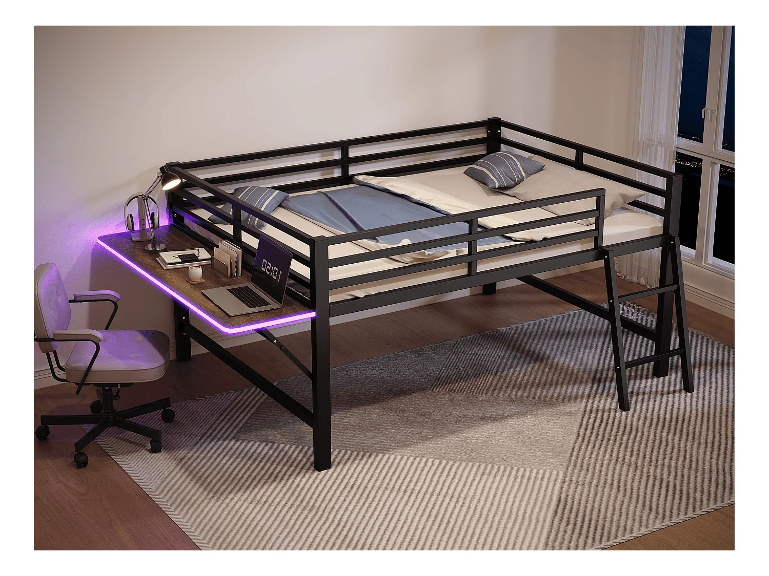 Lit mezzanine 140x200cm en métal avec LED - avec bureau abattant et sommier à lattes - Noir