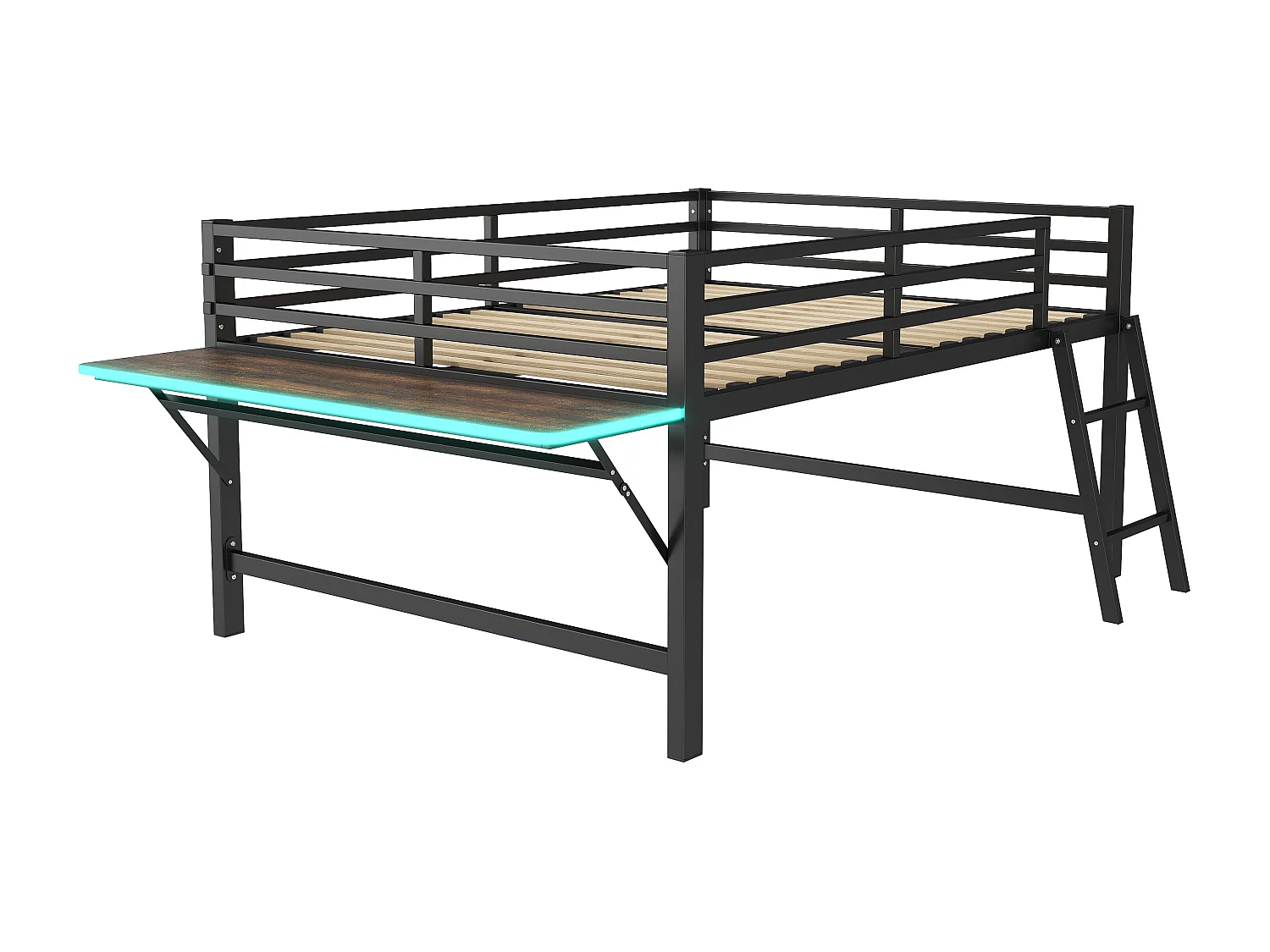 140 x 200 cm großes Hochbett aus Metall mit LED – mit ausklappbarem Schreibtisch und Lattenrost – Schwarz