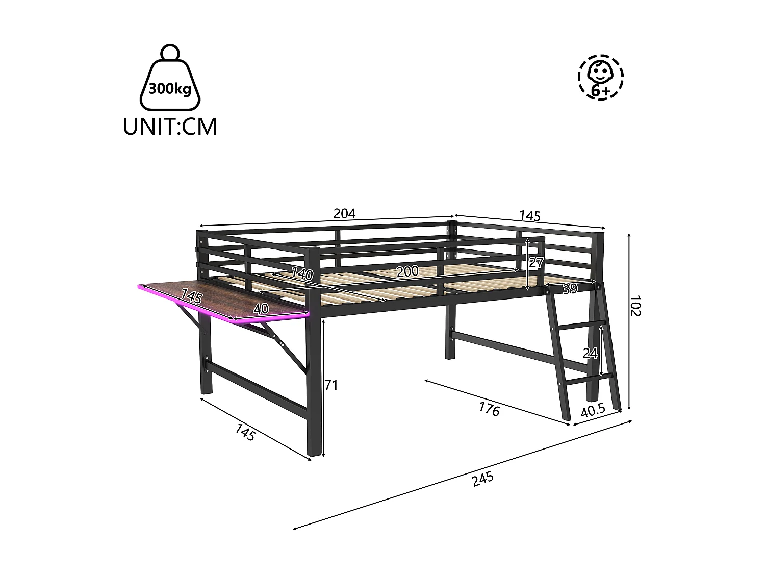 Lit mezzanine 140x200cm en métal avec LED - avec bureau abattant et sommier à lattes - Noir