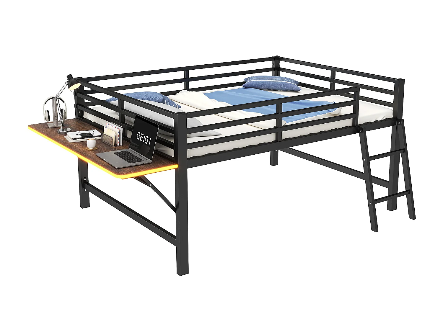 Lit mezzanine 140x200cm en métal avec LED - avec bureau abattant et sommier à lattes - Noir