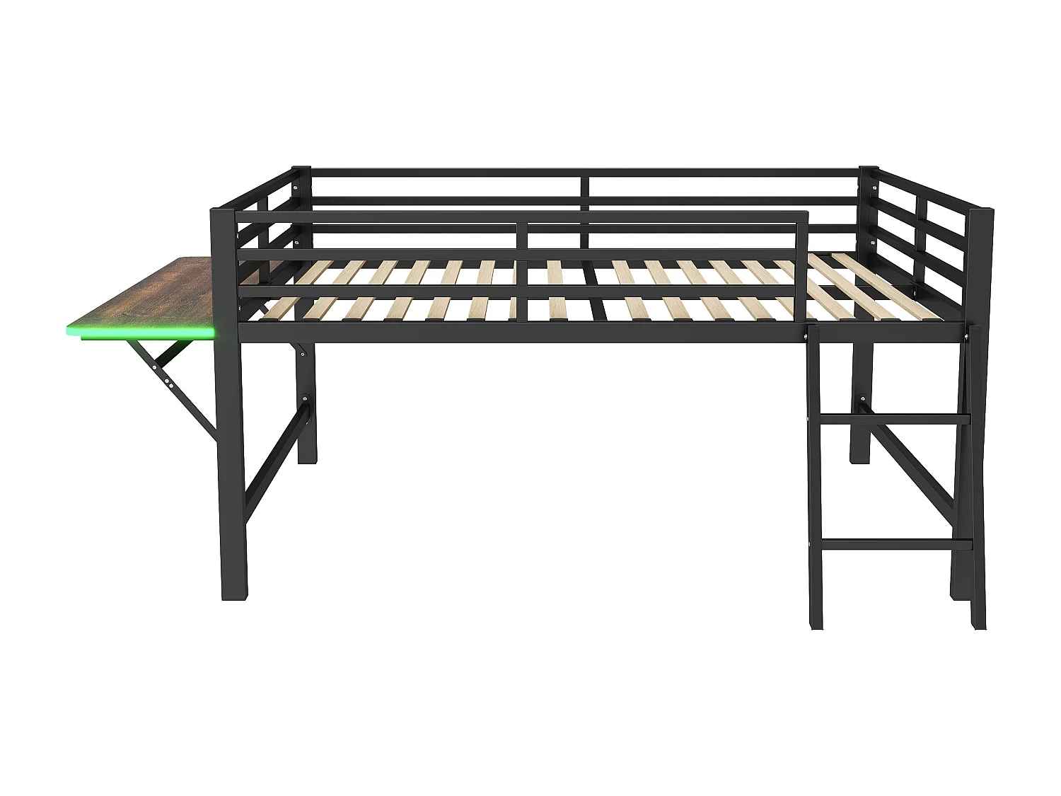 Lit mezzanine 140x200cm en métal avec LED - avec bureau abattant et sommier à lattes - Noir