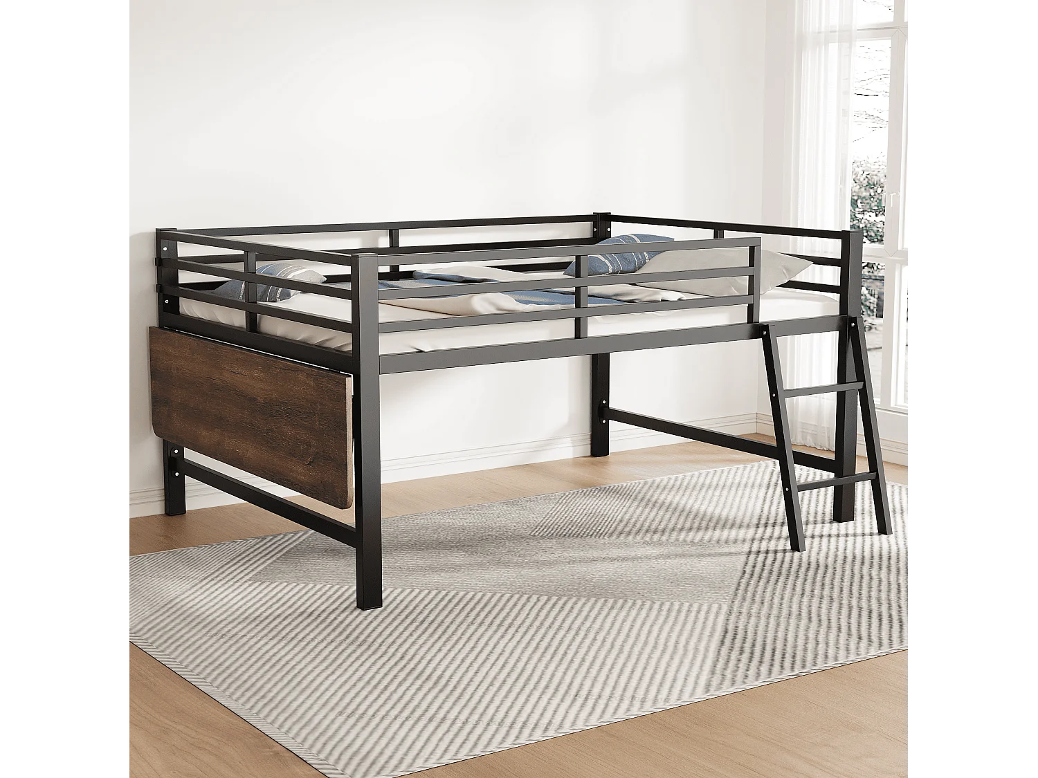 Lit mezzanine 140x200cm en métal avec LED - avec bureau abattant et sommier à lattes - Noir