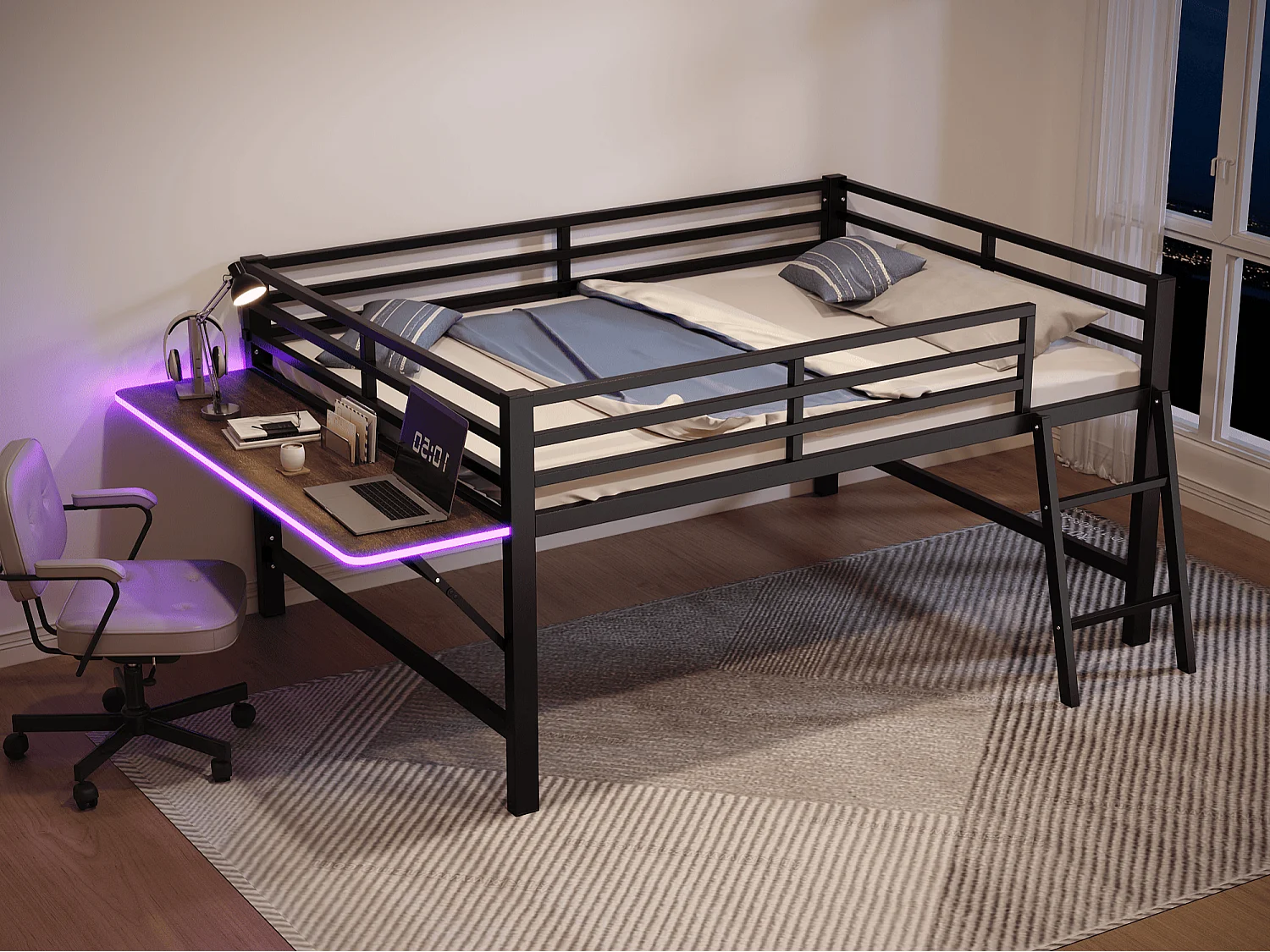 Lit mezzanine 140x200cm en métal avec LED - avec bureau abattant et sommier à lattes - Noir