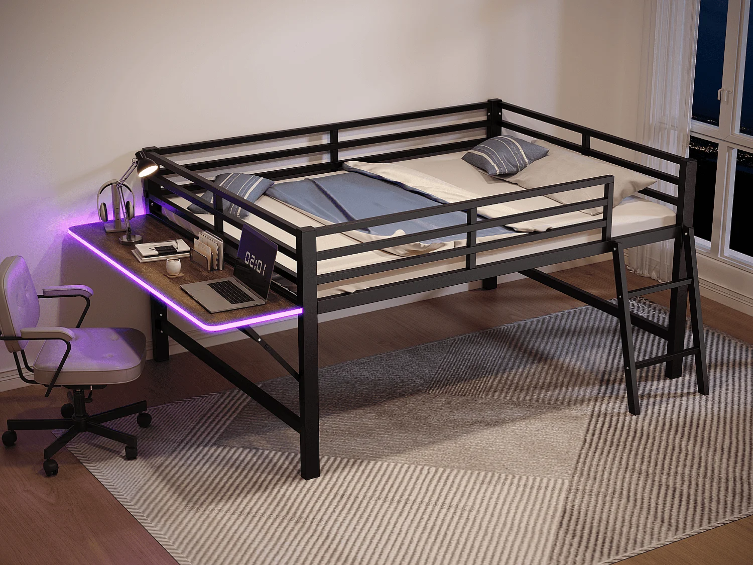 Letto soppalco in metallo 140x200 cm con LED - con scrittoio ribaltabile e rete a doghe - Nero