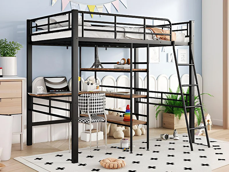 Cama alta 90x200cm - com secretária e prateleiras de arrumação - Preto