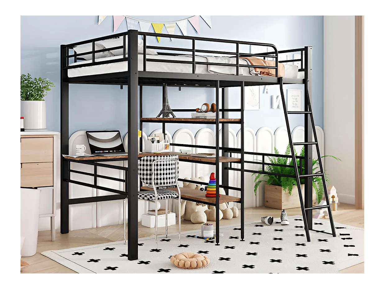 Hoogslaper 90x200cm - met bureau en opbergplanken - Zwart