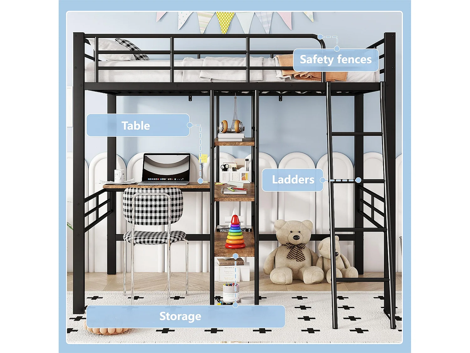 Hochbett 90 x 200 cm – mit Schreibtisch und Ablagen – Schwarz