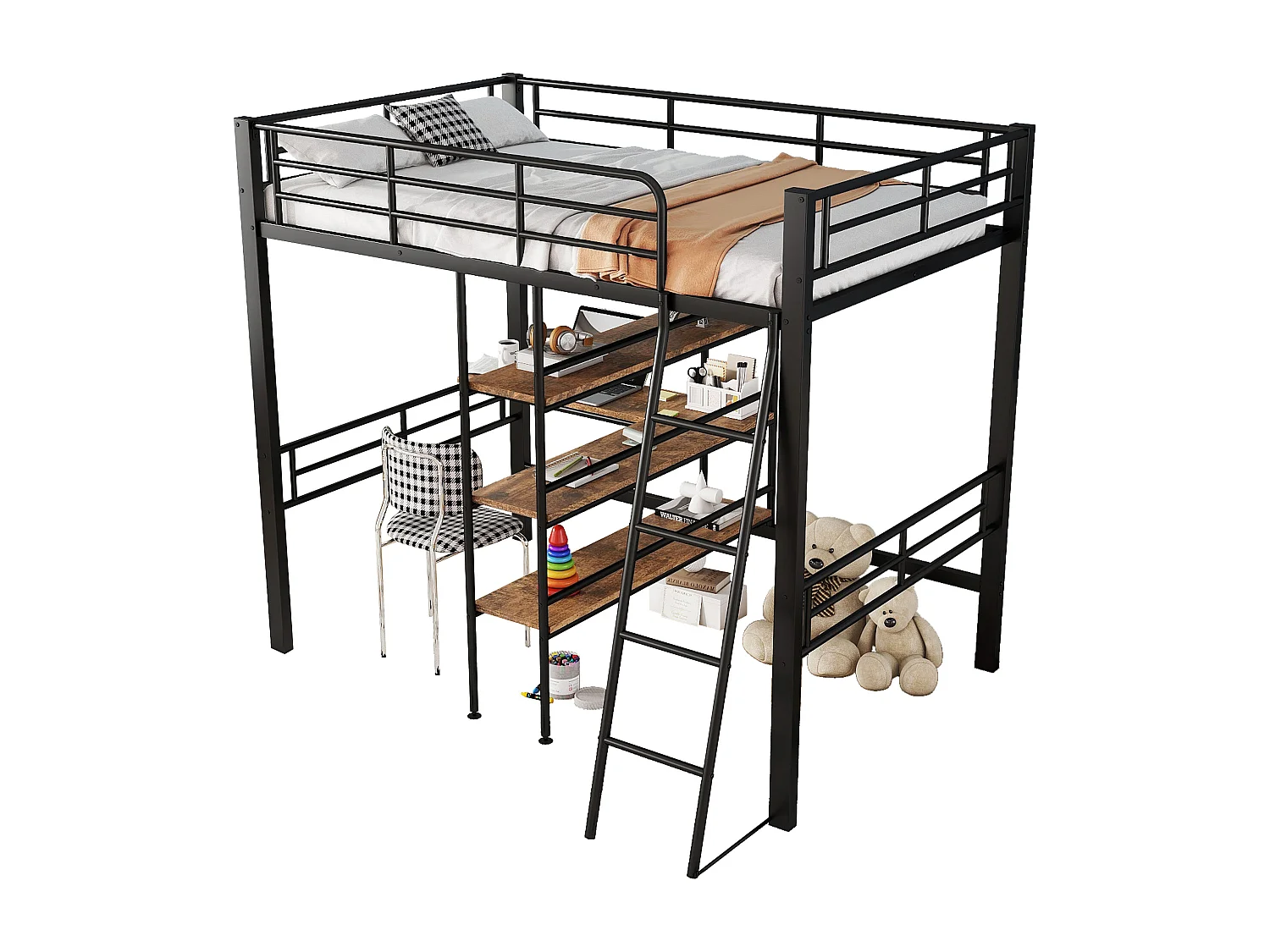 Hochbett 90 x 200 cm – mit Schreibtisch und Ablagen – Schwarz