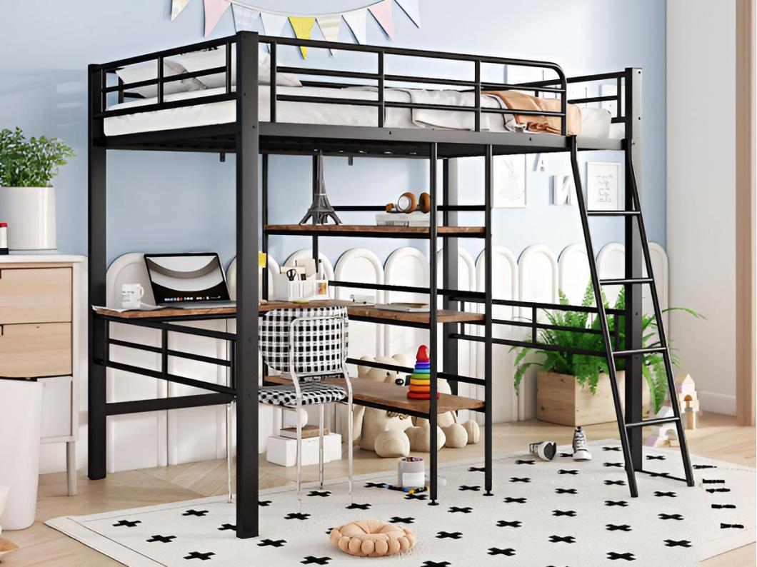 Hoogslaper 90x200cm - met bureau en opbergplanken - Zwart