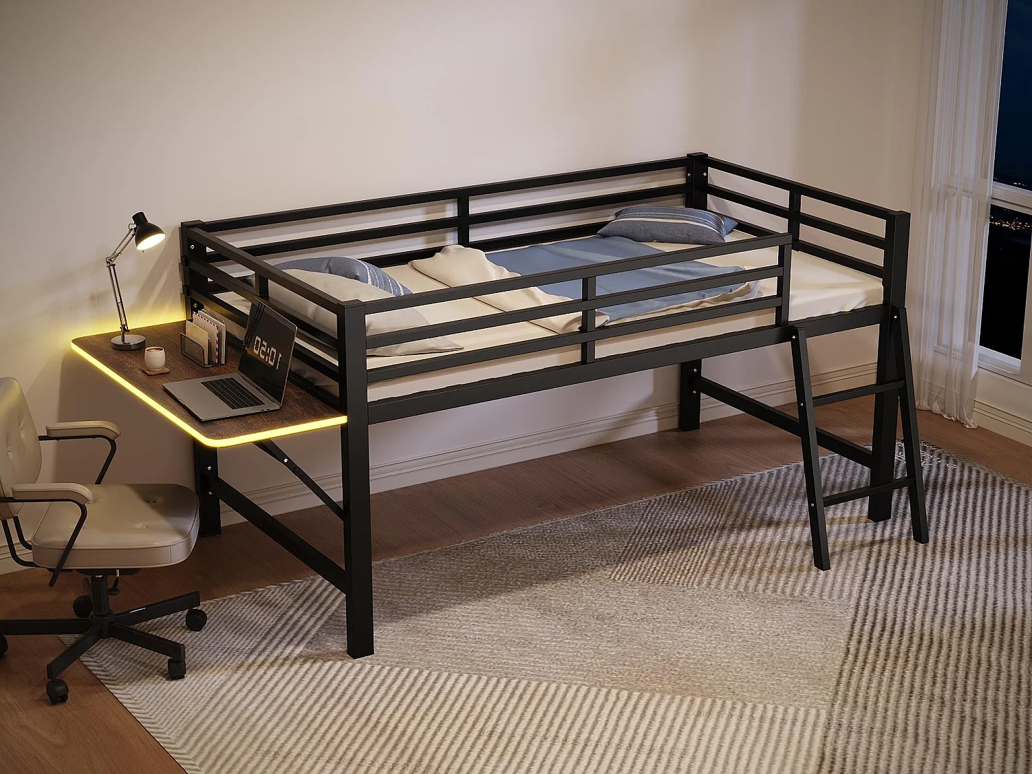 90 x 200 cm großes Hochbett aus Metall mit LED – mit Klappschreibtisch und Lattenrost – Schwarz