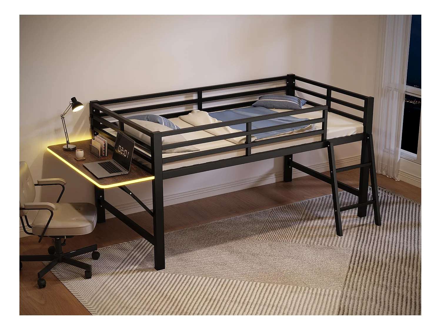 Lit mezzanine 90x200cm en métal avec LED - avec bureau abattant et sommier à lattes - Noir