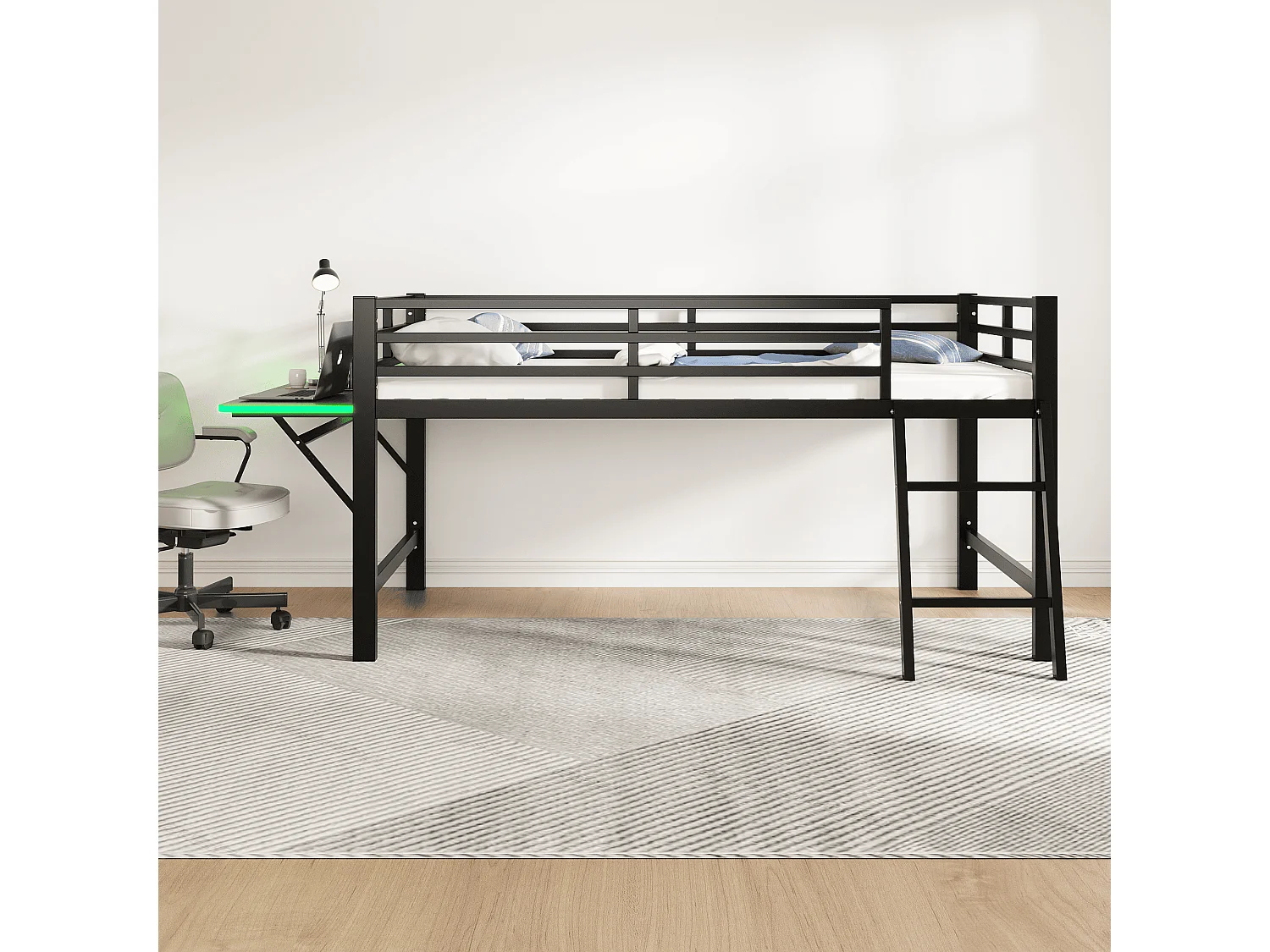 90 x 200 cm großes Hochbett aus Metall mit LED – mit Klappschreibtisch und Lattenrost – Schwarz