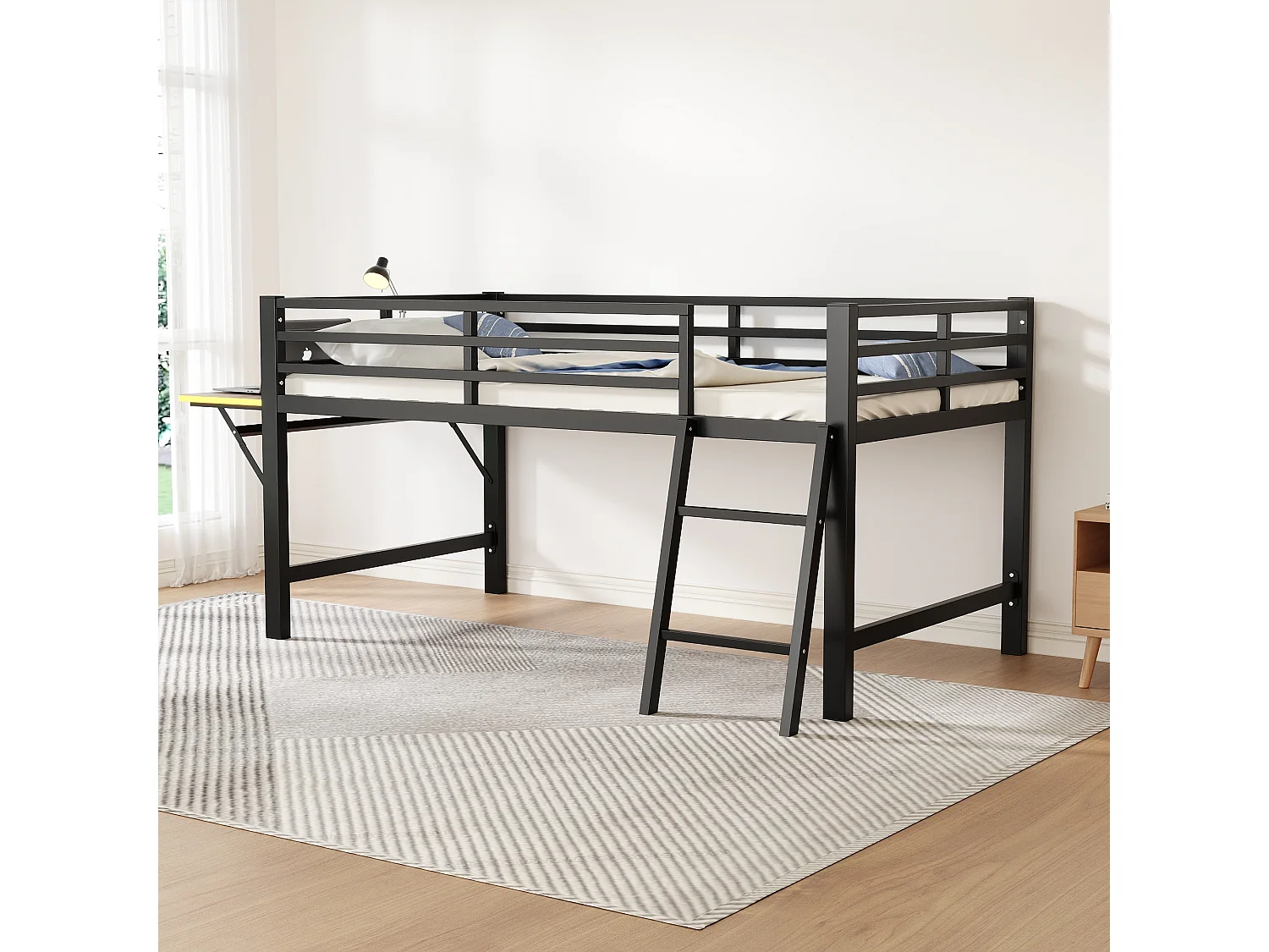 90 x 200 cm großes Hochbett aus Metall mit LED – mit Klappschreibtisch und Lattenrost – Schwarz