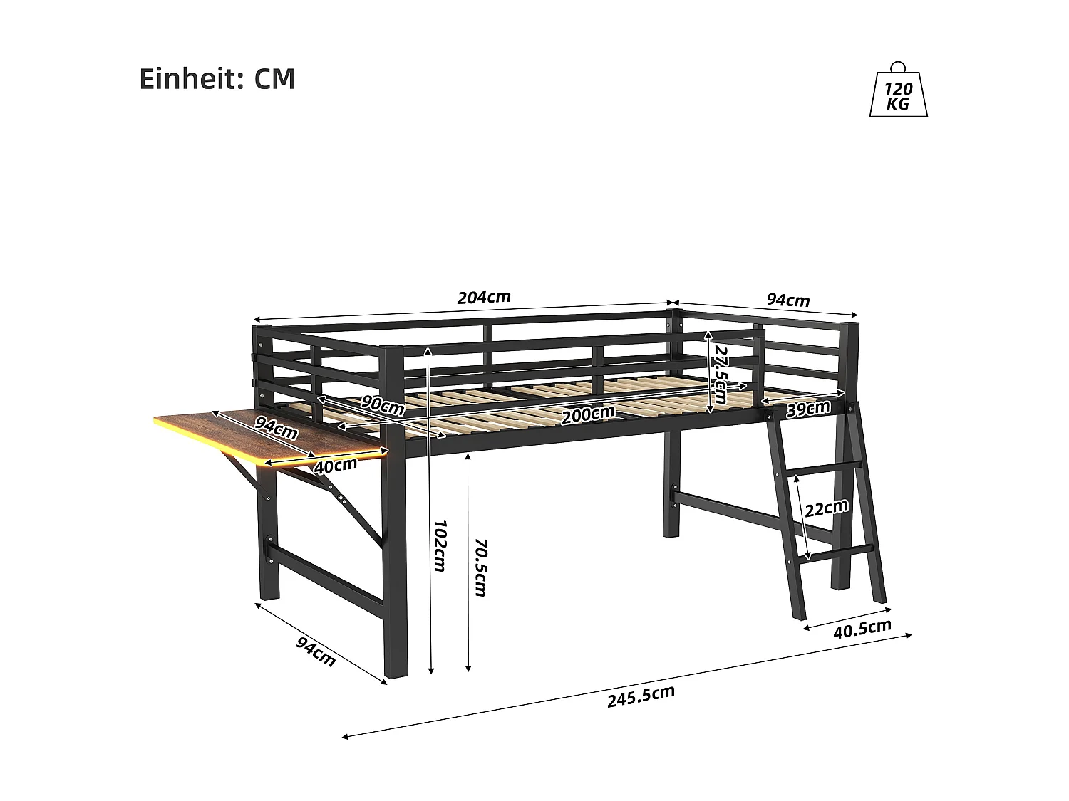 90 x 200 cm großes Hochbett aus Metall mit LED – mit Klappschreibtisch und Lattenrost – Schwarz