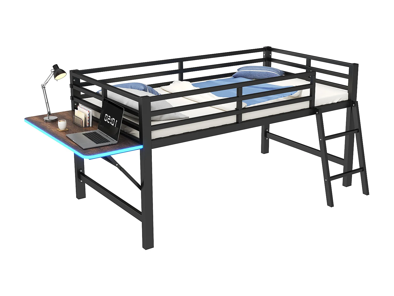 90 x 200 cm großes Hochbett aus Metall mit LED – mit Klappschreibtisch und Lattenrost – Schwarz