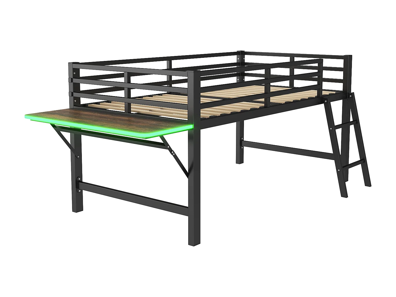 90 x 200 cm großes Hochbett aus Metall mit LED – mit Klappschreibtisch und Lattenrost – Schwarz