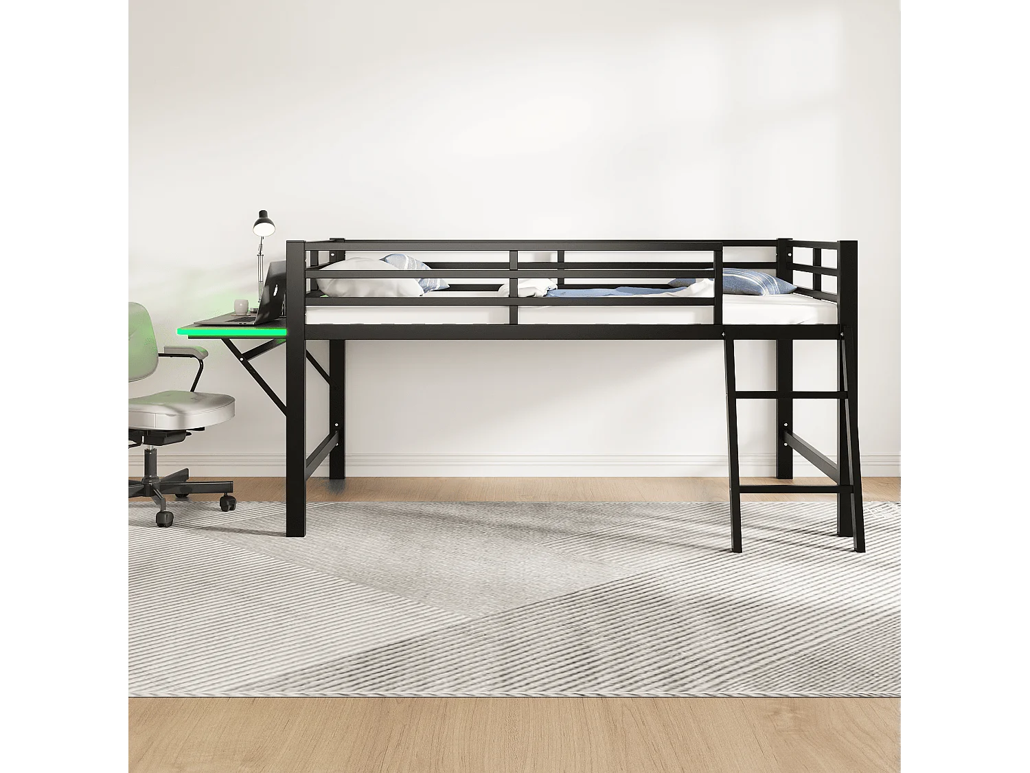 Lit mezzanine 90x200cm en métal avec LED - avec bureau abattant et sommier à lattes - Noir