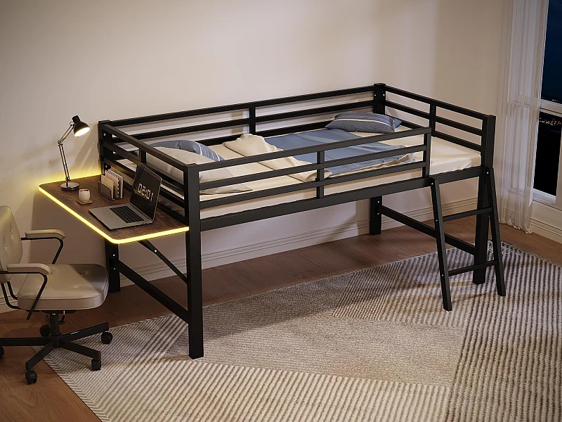 Lit mezzanine 90x200cm en métal avec LED - avec bureau abattant et sommier à lattes - Noir