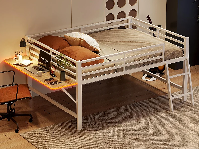 Cama altillo de metal de 140x200 cm con LED - con escritorio abatible y somier - Blanco