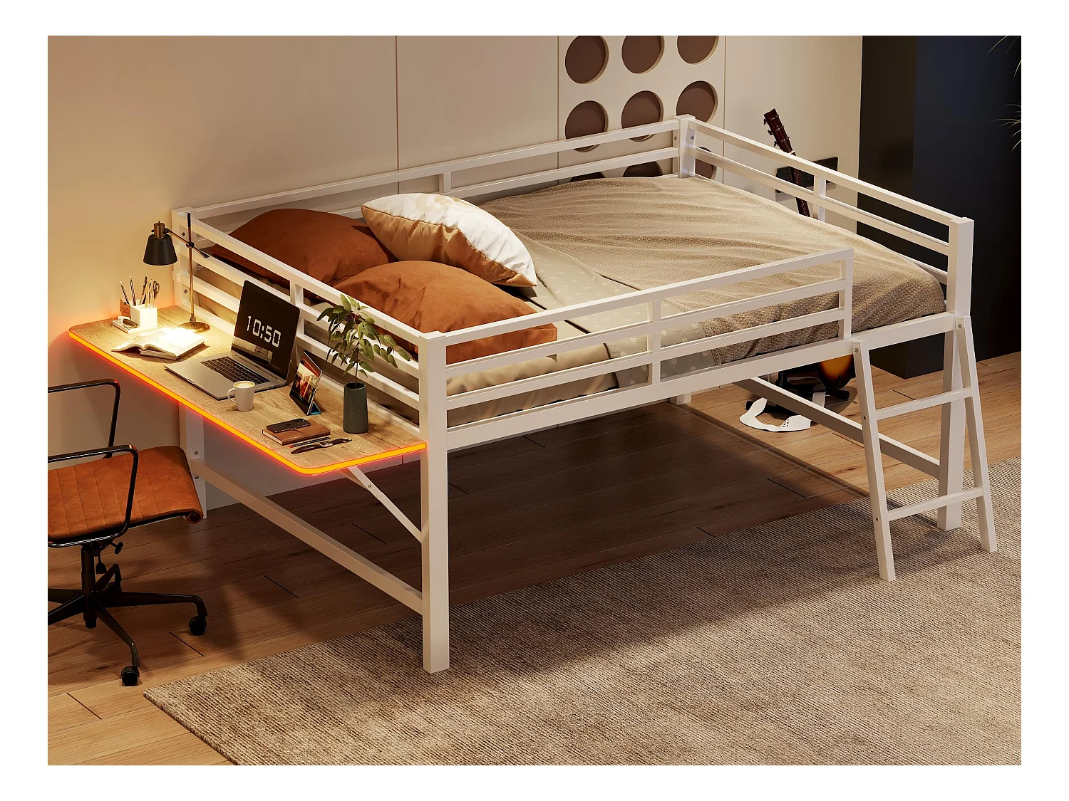 Lit mezzanine 140x200cm en métal avec LED - avec bureau abattant et sommier à lattes - Blanc