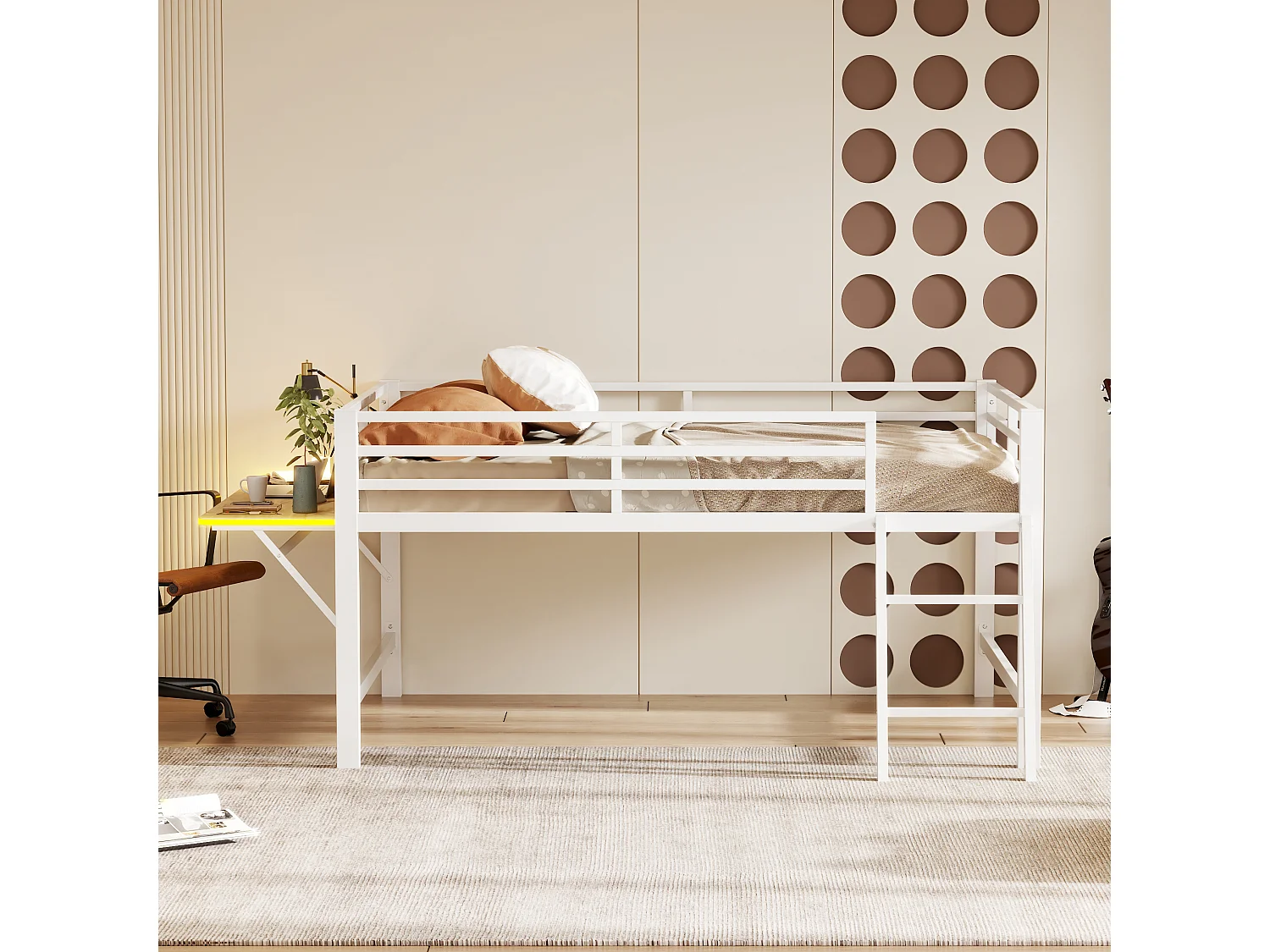 Cama altillo de metal de 140x200 cm con LED - con escritorio abatible y somier - Blanco