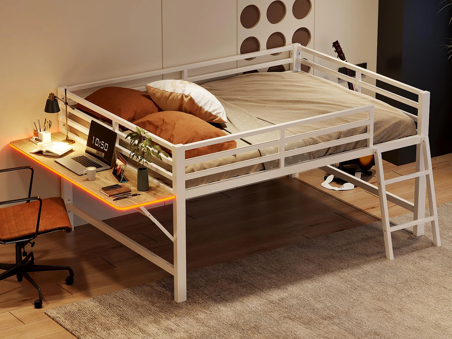 Lit mezzanine 140x200cm en métal avec LED - avec bureau abattant et sommier à lattes - Blanc