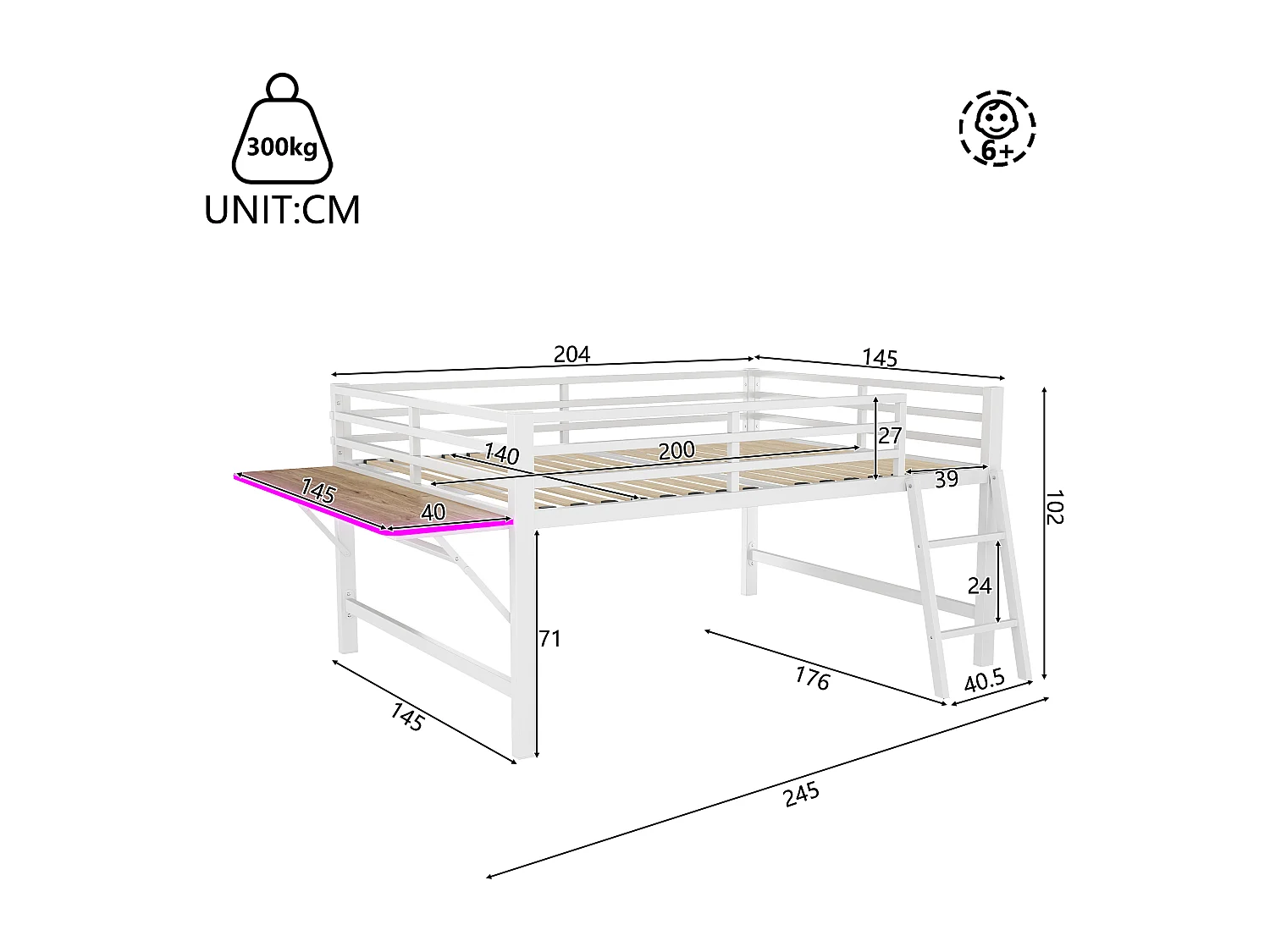 Lit mezzanine 140x200cm en métal avec LED - avec bureau abattant et sommier à lattes - Blanc