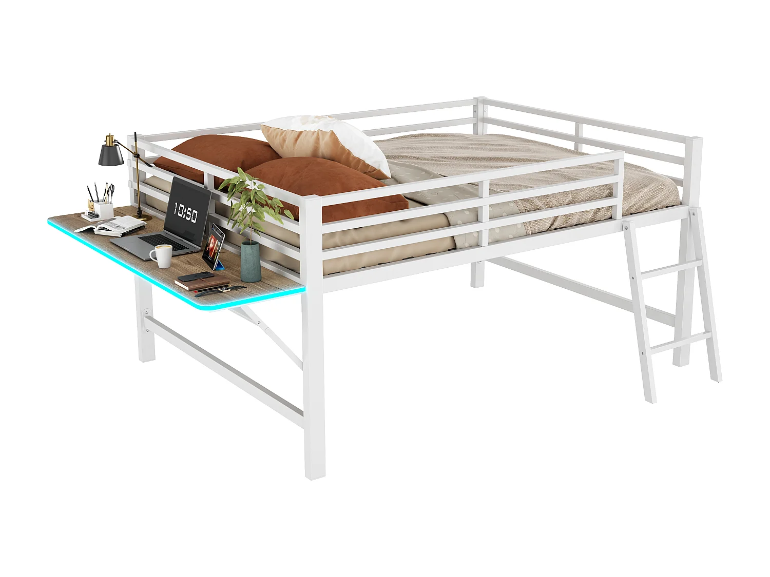 Lit mezzanine 140x200cm en métal avec LED - avec bureau abattant et sommier à lattes - Blanc