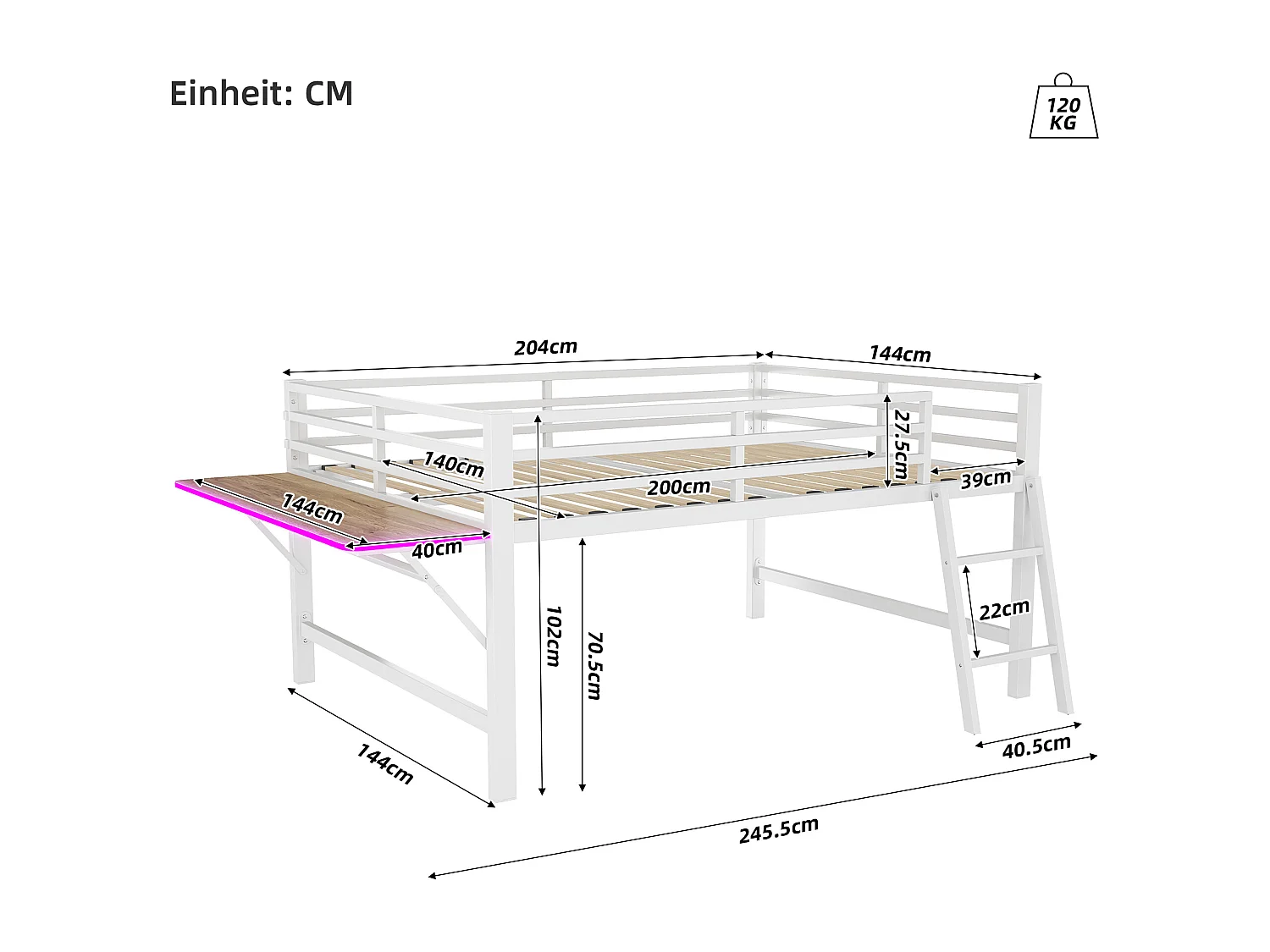 Lit mezzanine 140x200cm en métal avec LED - avec bureau abattant et sommier à lattes - Blanc