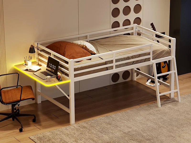 Lit mezzanine 90x200cm en métal avec LED - avec bureau abattant et sommier à lattes - Blanc