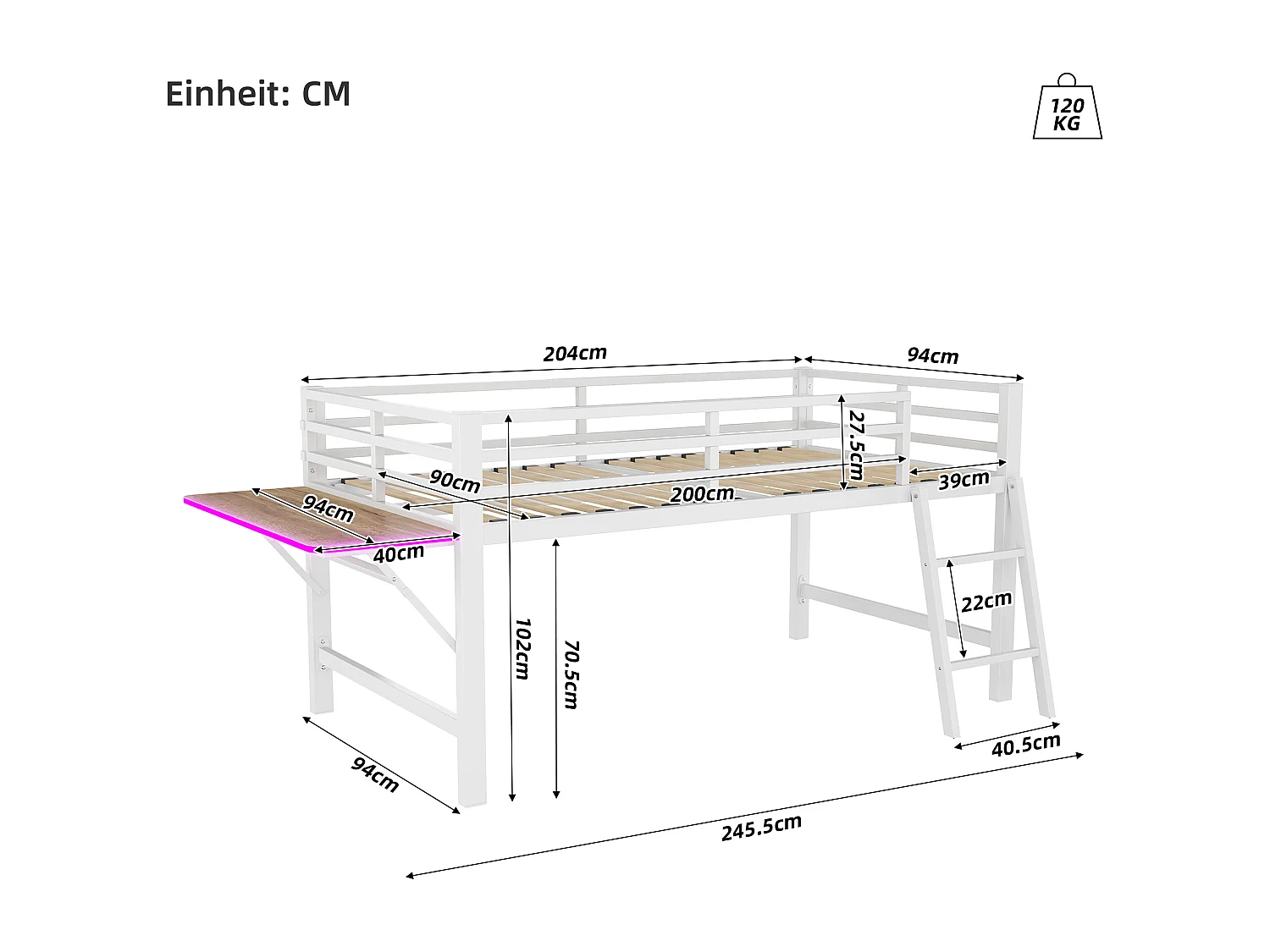 Metalen hoogslaper 90x200cm met LED - met neerklapbaar bureau en lattenbodem - Wit