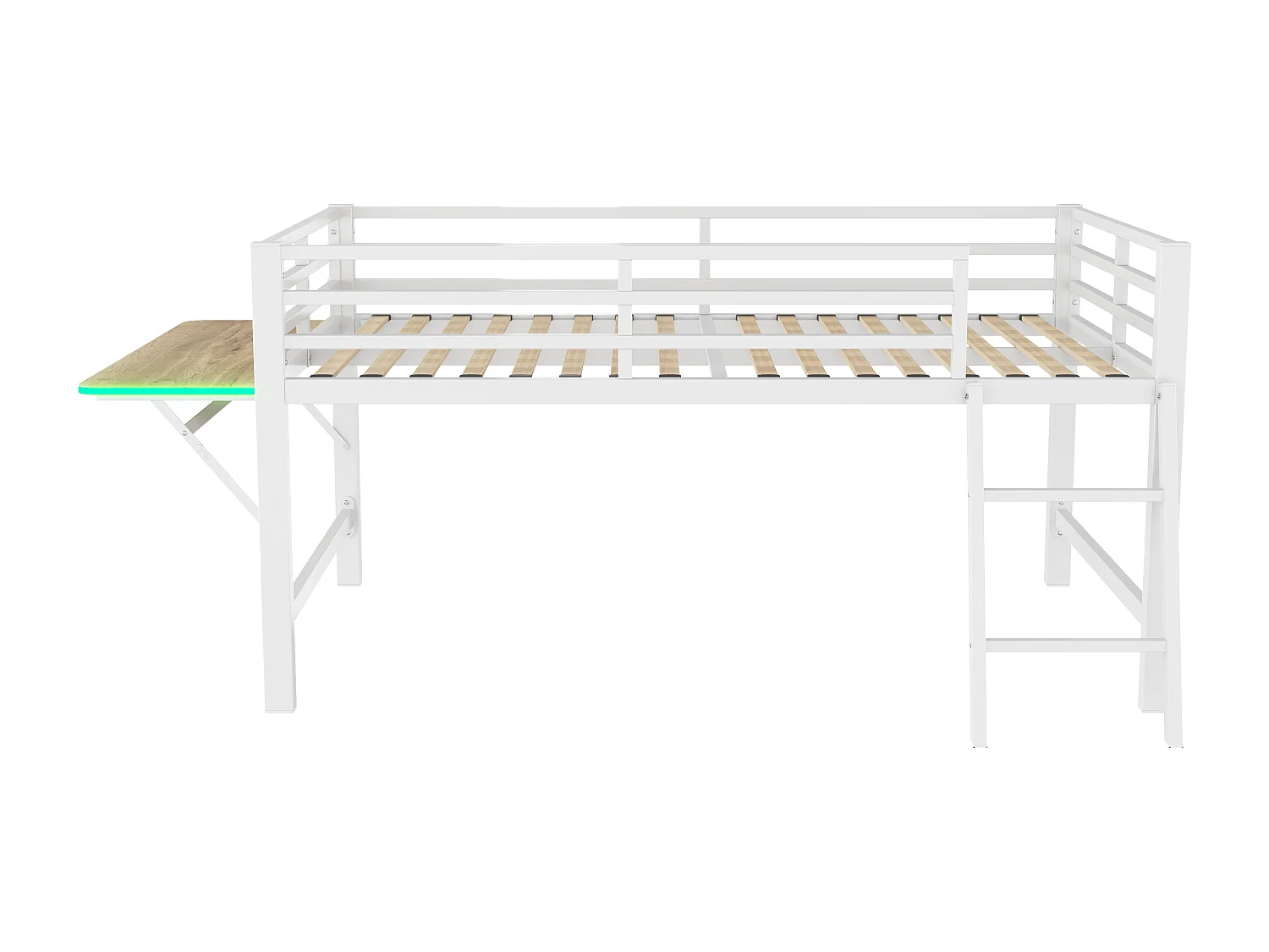 Metalen hoogslaper 90x200cm met LED - met neerklapbaar bureau en lattenbodem - Wit