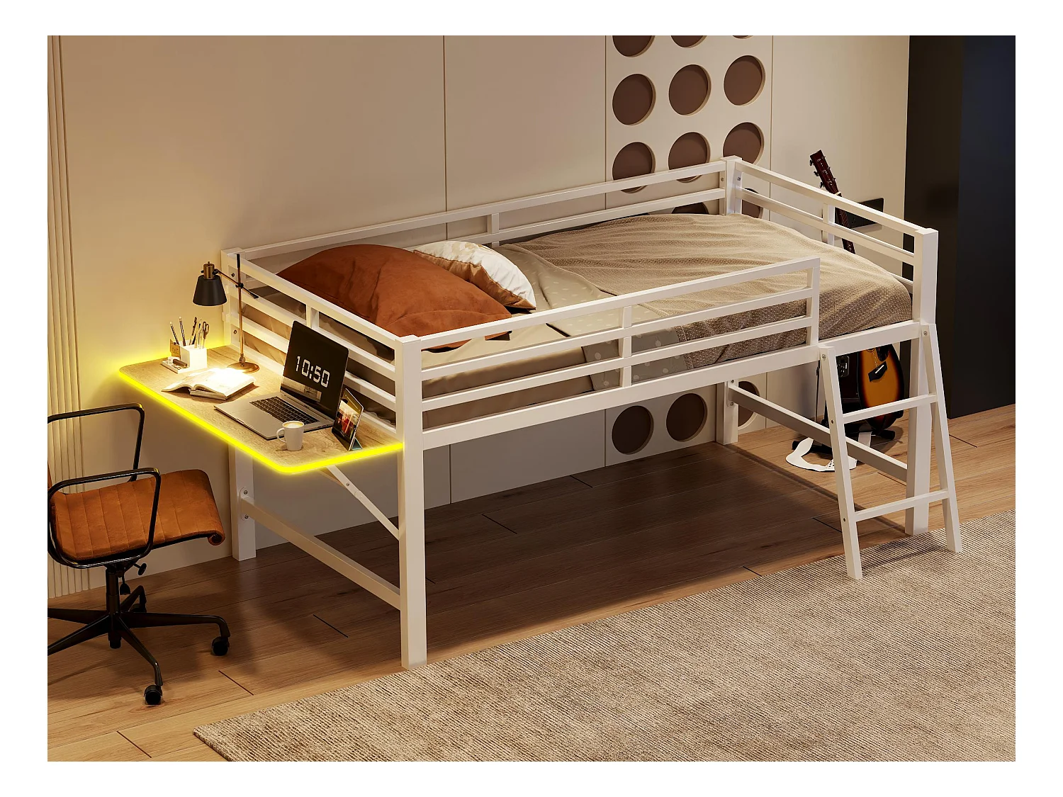 Lit mezzanine 90x200cm en métal avec LED - avec bureau abattant et sommier à lattes - Blanc