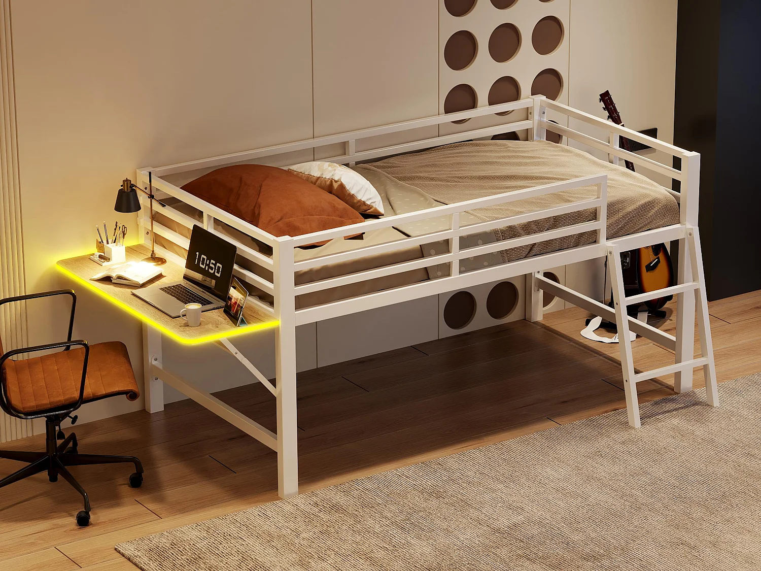 Lit mezzanine 90x200cm en métal avec LED - avec bureau abattant et sommier à lattes - Blanc