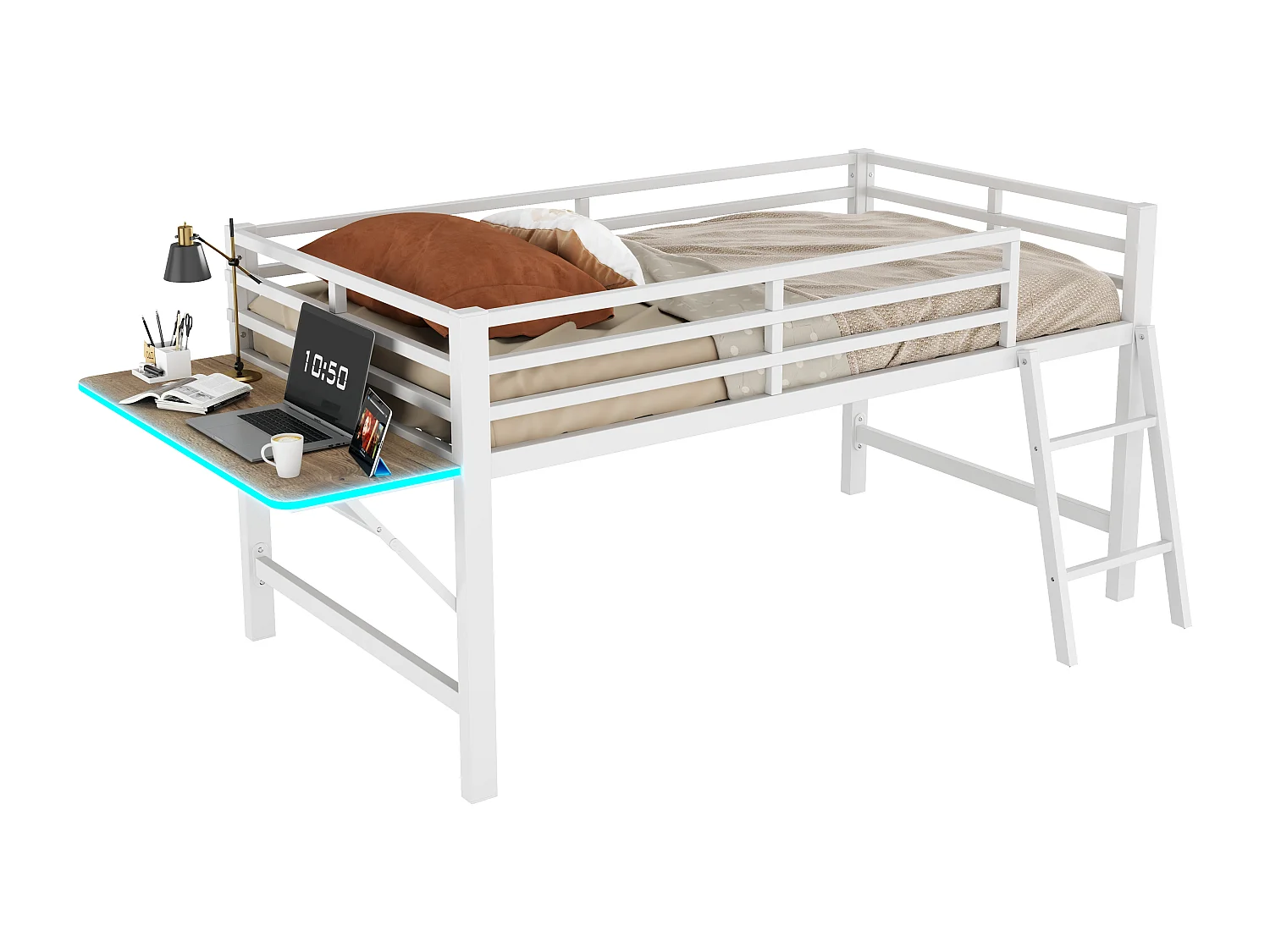 Lit mezzanine 90x200cm en métal avec LED - avec bureau abattant et sommier à lattes - Blanc