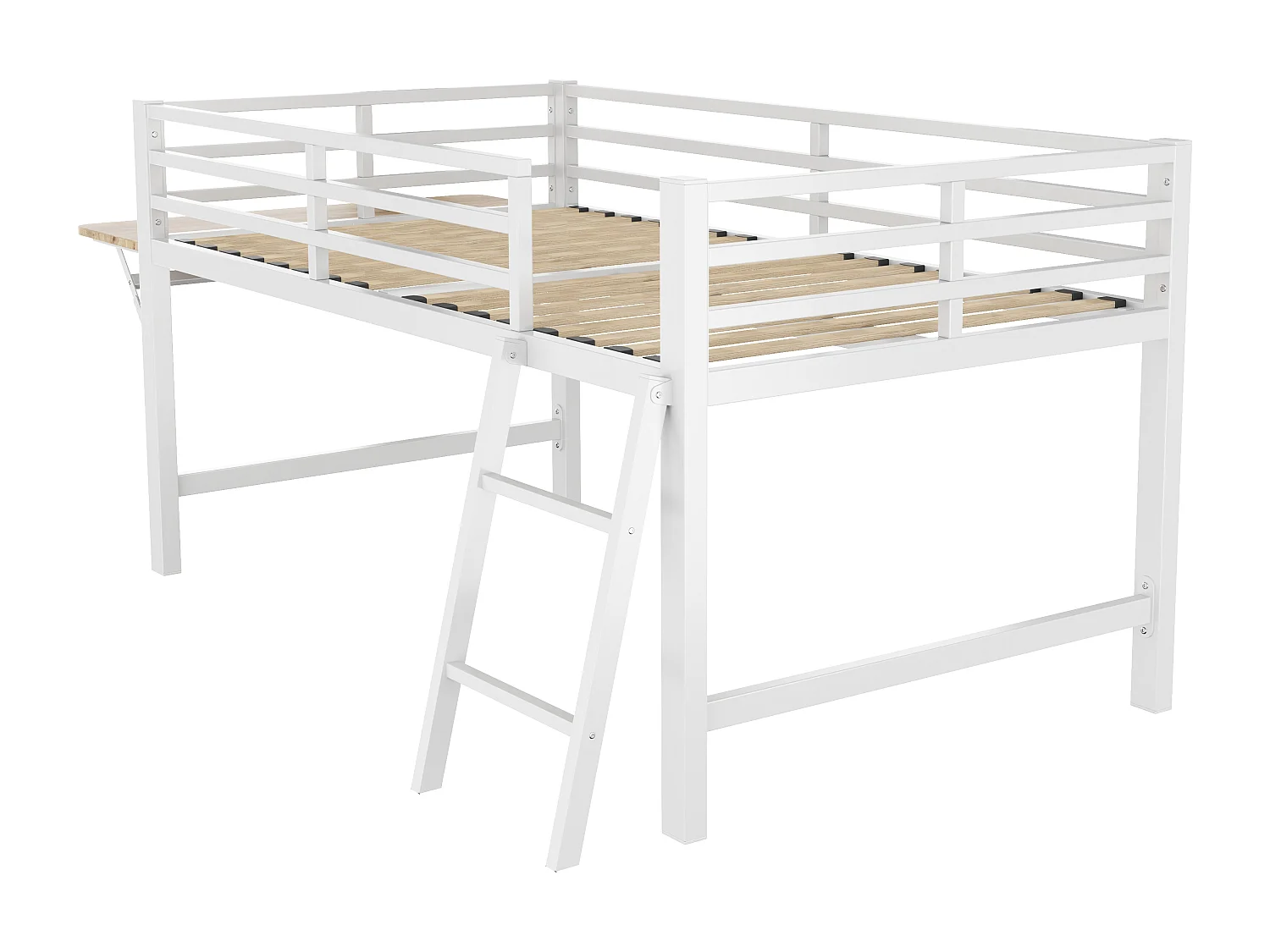 Lit mezzanine 90x200cm en métal avec LED - avec bureau abattant et sommier à lattes - Blanc