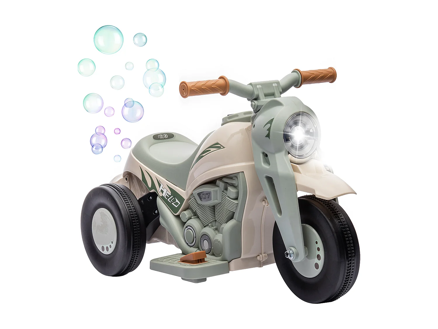 Moto électrique enfant chopper 6V env. 3Km/h 3 roues effets lumineux sonores fonction bulles vert beige
