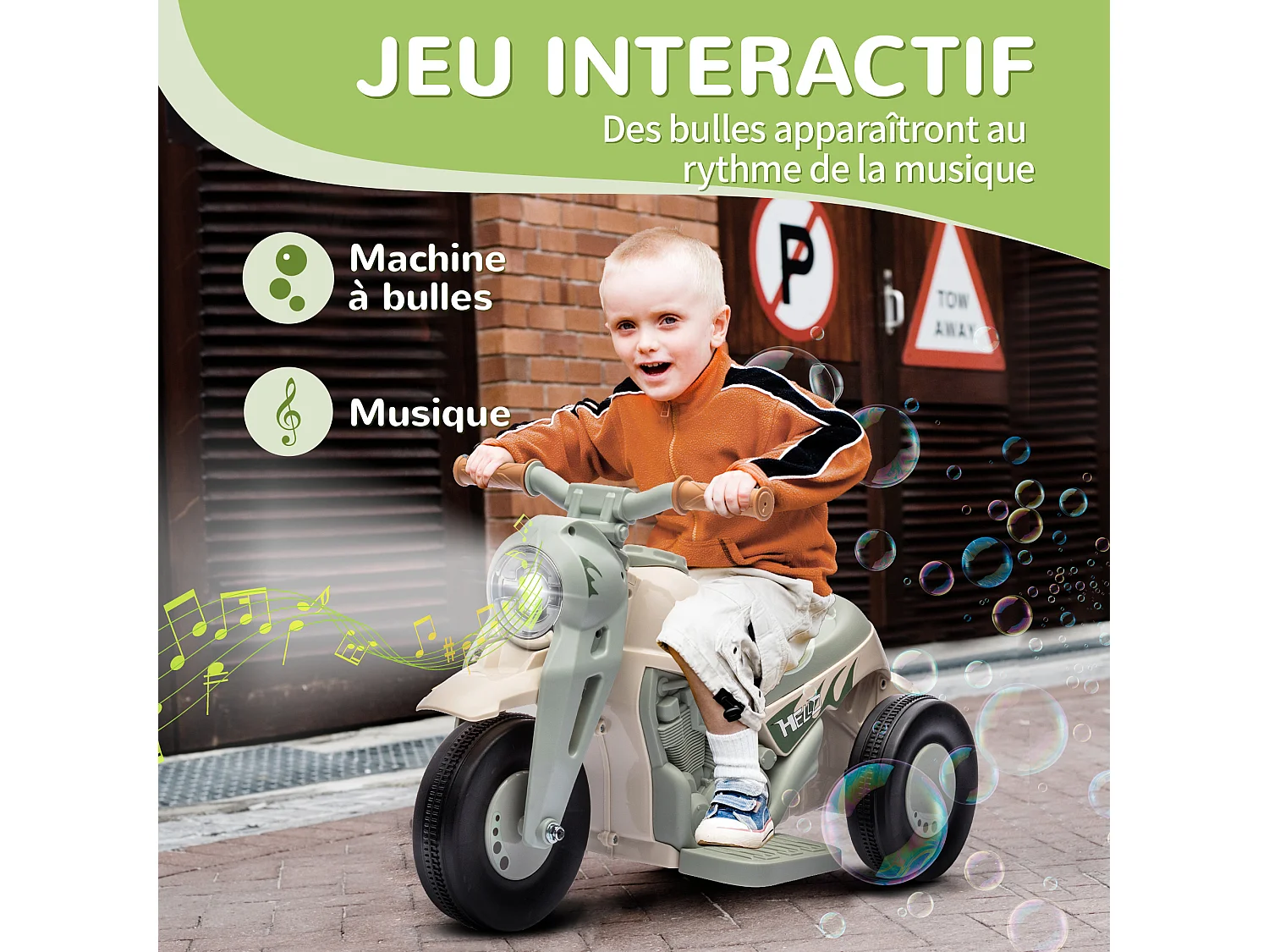 Moto électrique enfant chopper 6V env. 3Km/h 3 roues effets lumineux sonores fonction bulles vert beige