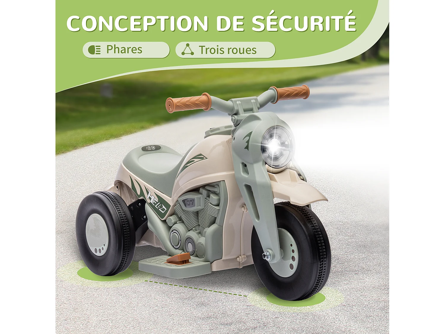 Moto électrique enfant chopper 6V env. 3Km/h 3 roues effets lumineux sonores fonction bulles vert beige