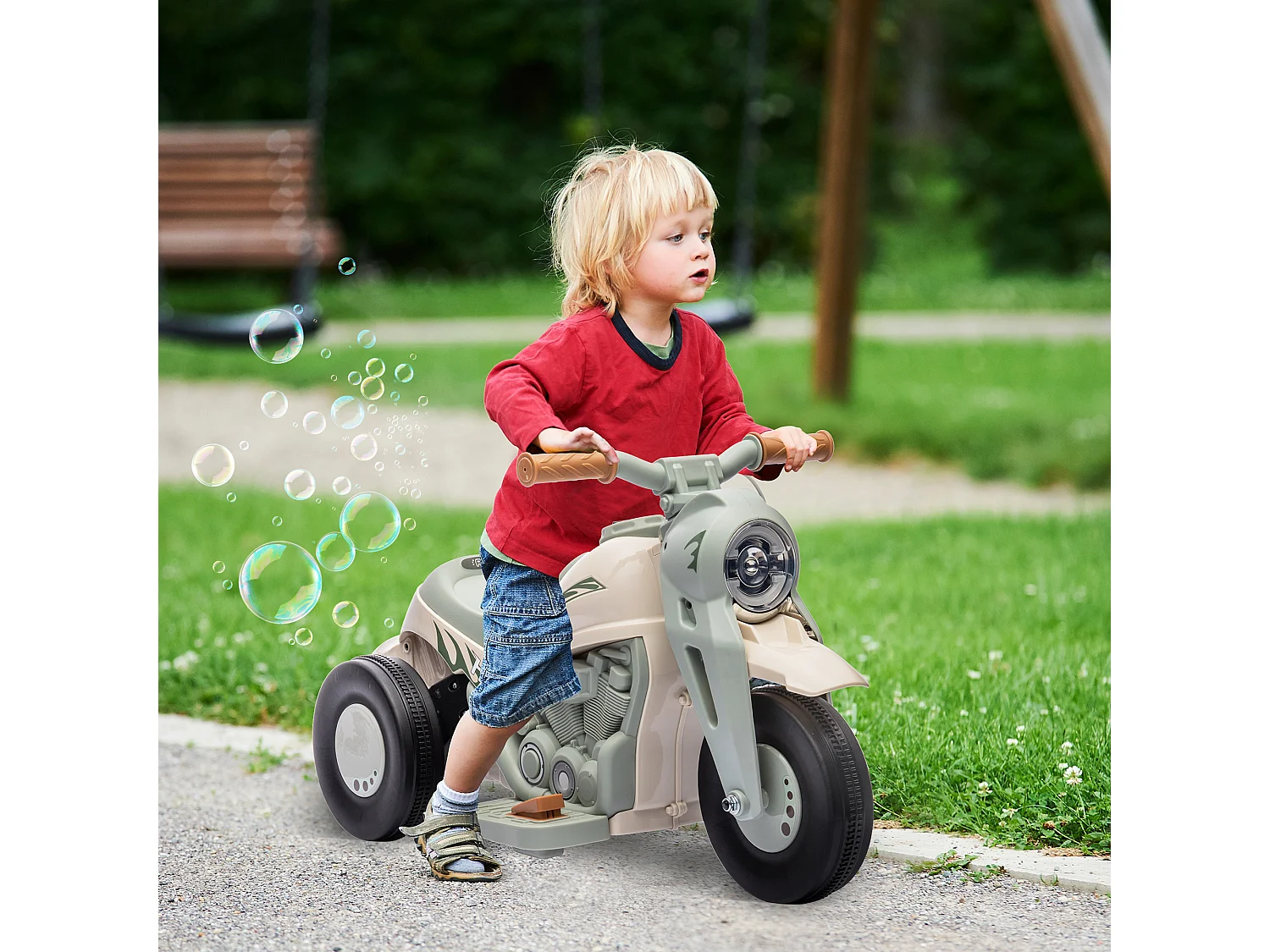 Moto électrique enfant chopper 6V env. 3Km/h 3 roues effets lumineux sonores fonction bulles vert beige