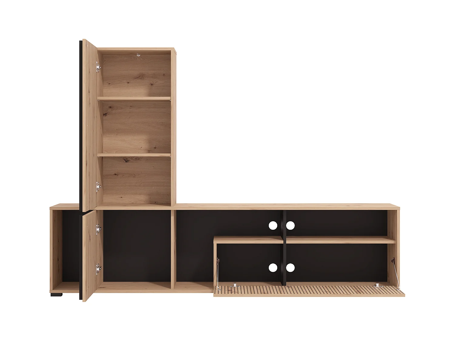 TV-Wand mit 3 Türen & 3 Ablagefächern - Holzfarben hell & Schwarz - BELUTZY