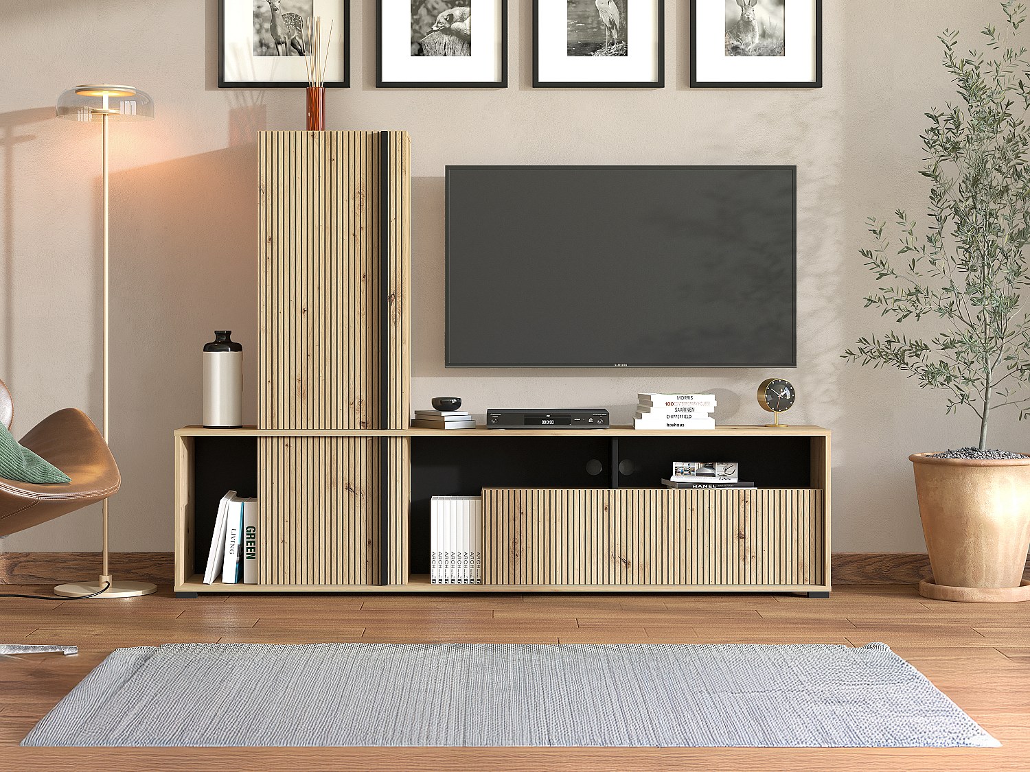 TV-Wand mit 3 Türen & 3 Ablagefächern - Holzfarben hell & Schwarz - BELUTZY günstig online kaufen