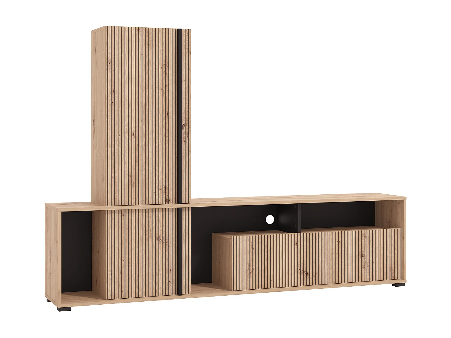 Parete TV con 3 ante e 3 nicchie Naturale chiaro e Nero - BELUTZY