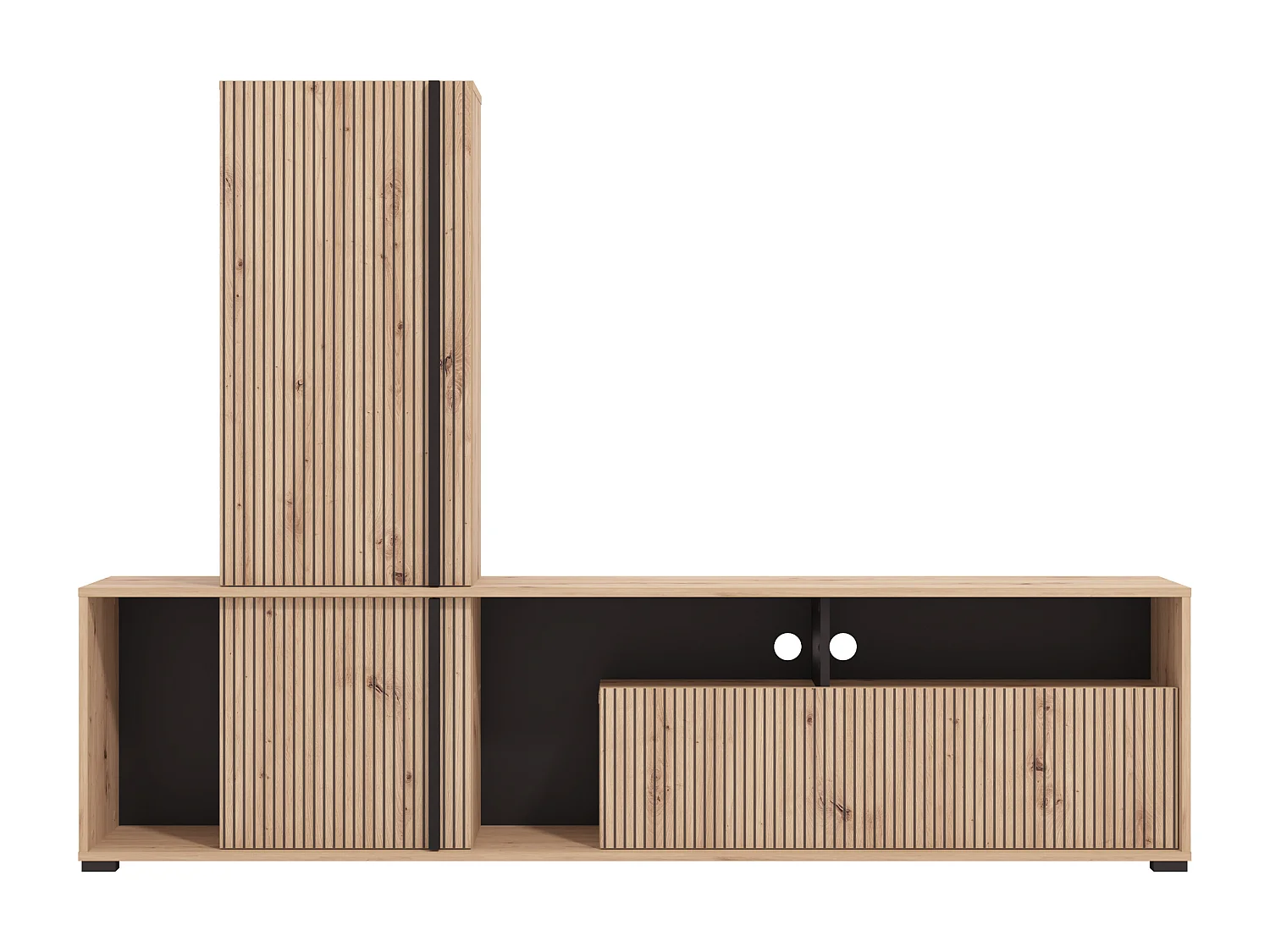 Parete TV con 3 ante e 3 nicchie Naturale chiaro e Nero - BELUTZY