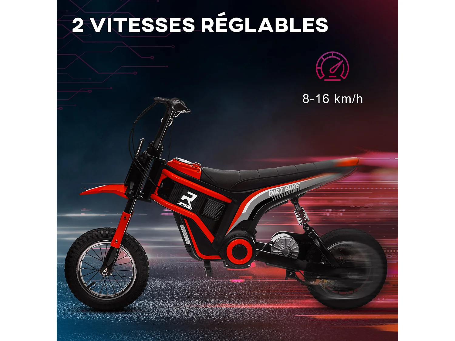 Moto cross électrique dirt bike enfant 350W 12V 2 vitesses 8-16 Km/h rouge noir