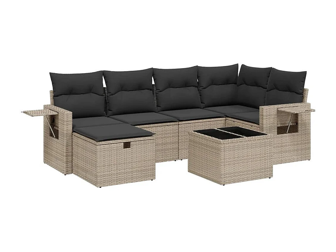 7-delige Loungeset met kussens poly rattan grijs
