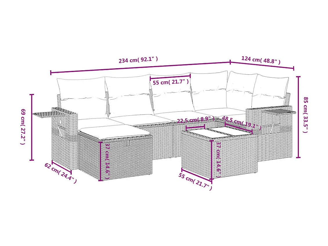 7-delige Loungeset met kussens poly rattan grijs